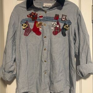 Casey & Max Blue Striped Button-Down Shirt with Holiday Stocking Embroidery